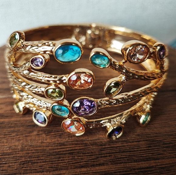 Gold Tone NEW Clamper Bracelet Multi Gemstone Open Back Topaz Citrine Purple - Picture 1 of 12